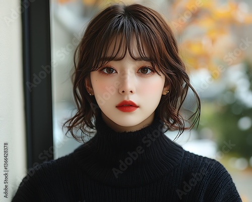 Young woman with stylish bob haircut and makeup