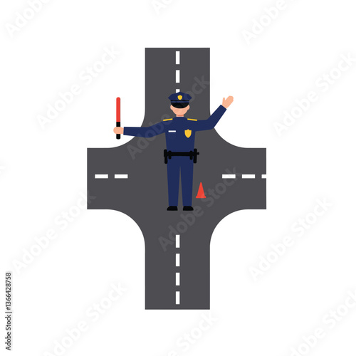 Police officer directing traffic at a busy intersection in a flat design style vector illustration