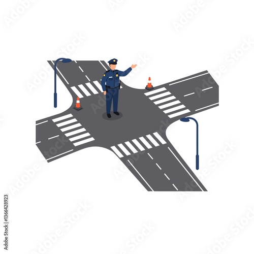 A traffic police officer directing vehicles at a busy intersection in a flat design vector illustration