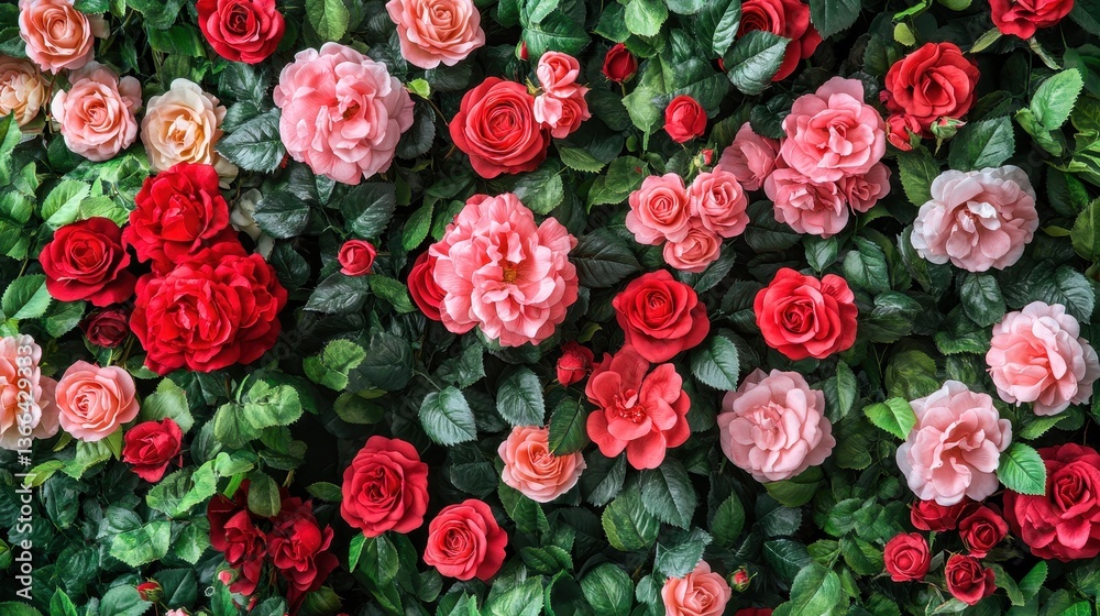 Fototapeta premium Beautiful arrangement of various roses and green leaves displayed
