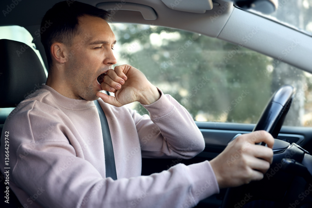 Sleepy driver yawning in his modern car