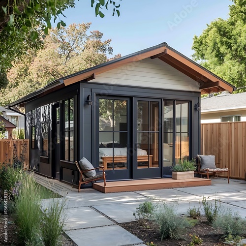 Peaceful modern cabin glass wall tiny home backyard design image