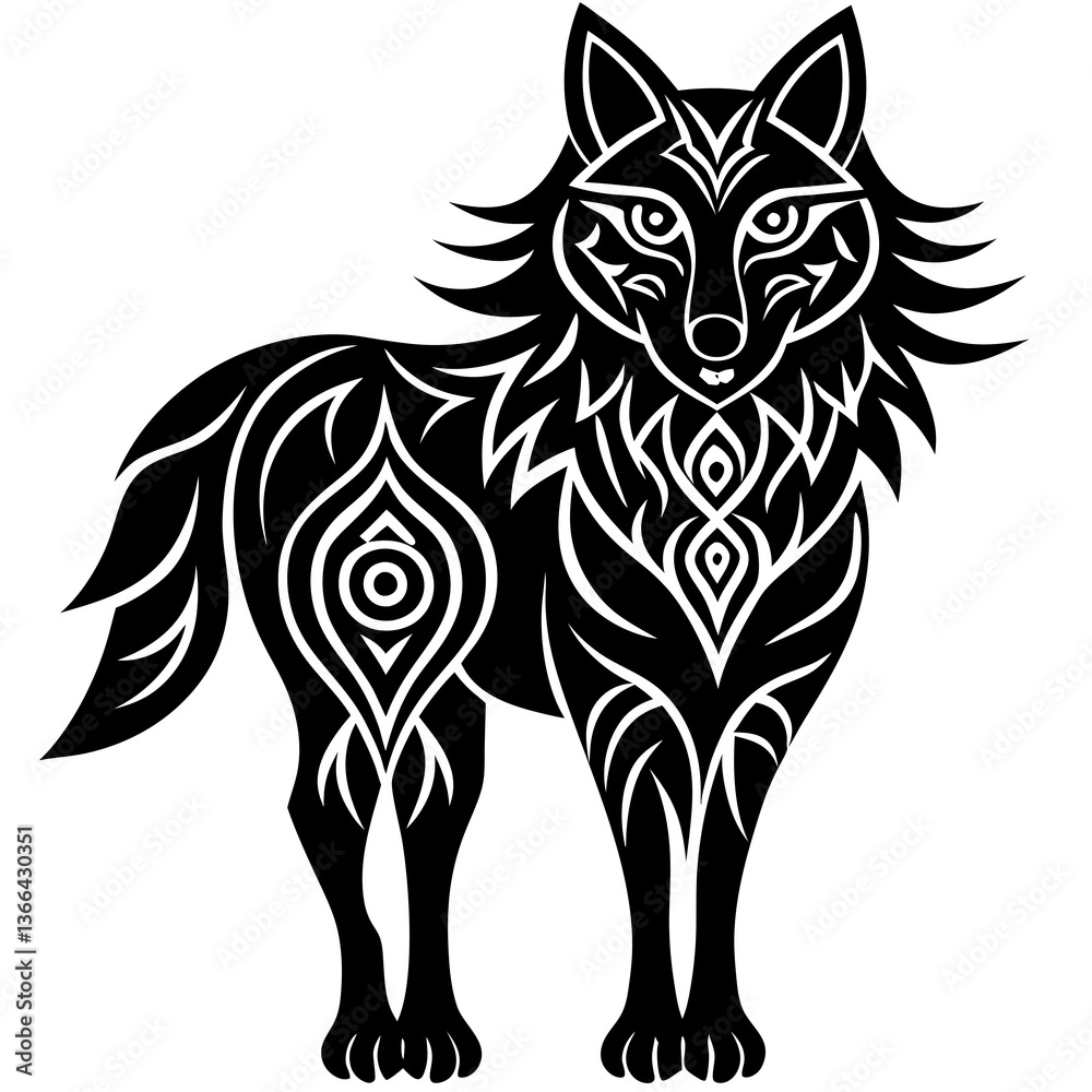 Fototapeta premium Stylized Black Wolf with Ornate Tribal Patterns in Vector Illustration on White