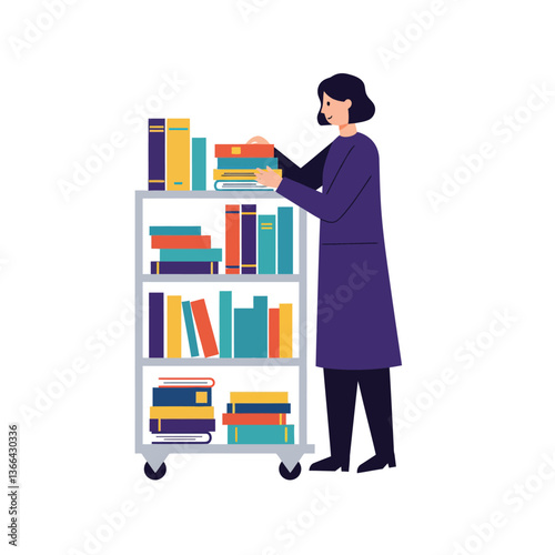 Woman organizing colorful books on a mobile cart in a flat vector illustration showcasing a library setting with a calm atmosphere