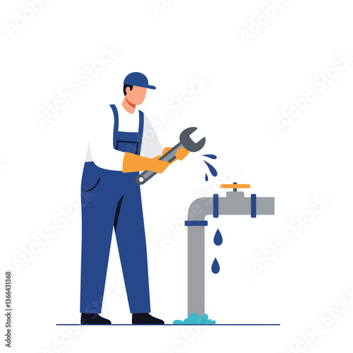 Plumber in blue overalls using a wrench to fix a leaking pipe in a flat minimal vector illustration