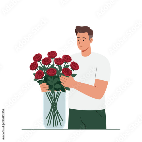 A young man carefully arranging vibrant red roses in a clear vase, showcasing a minimalistic design style in vector art