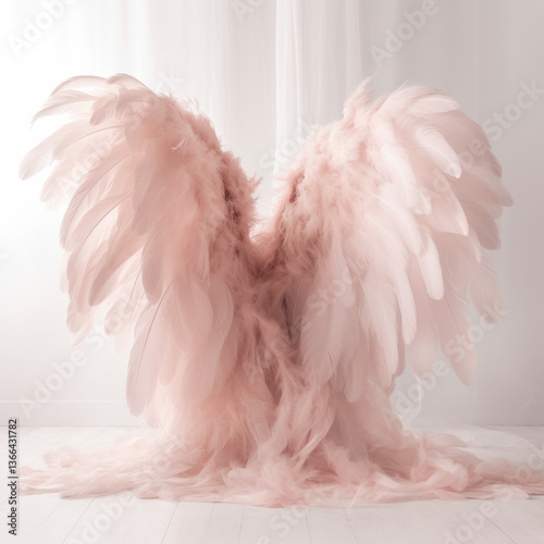 soft pink angel wings on white background
