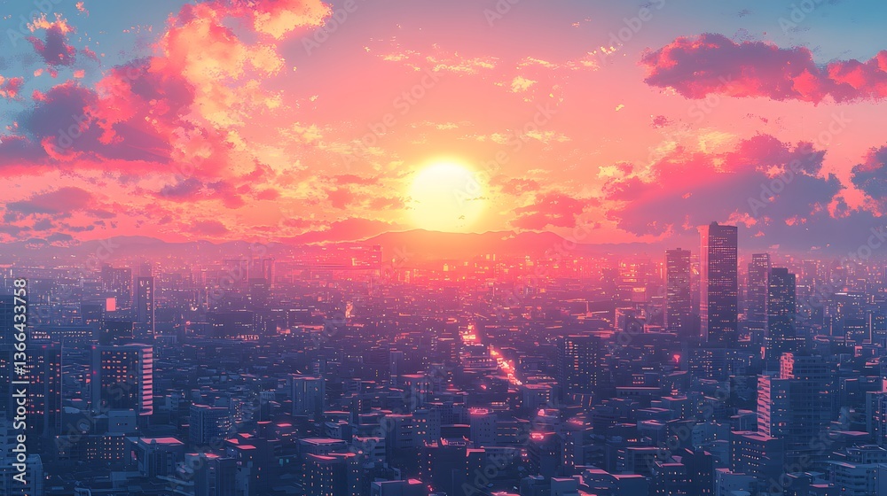 Fototapeta premium Cityscape Sunset Urban Panorama at Golden Hour