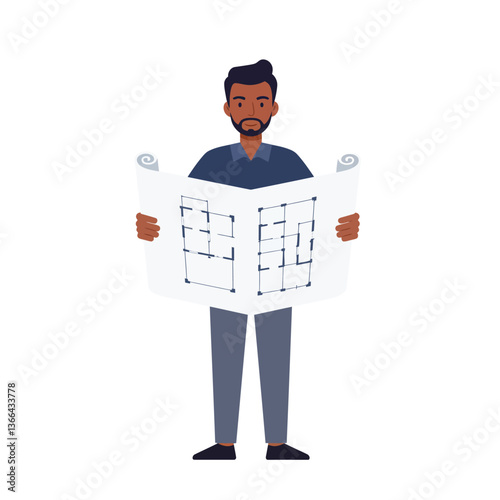 A man holding blueprints while wearing casual attire in a flat style vector art depicting an architectural planning scene with a focused expression and professional demeanor.