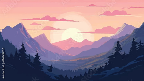 Serene sunset over layered purple and blue mountains. Mountain range peak with sunset. 