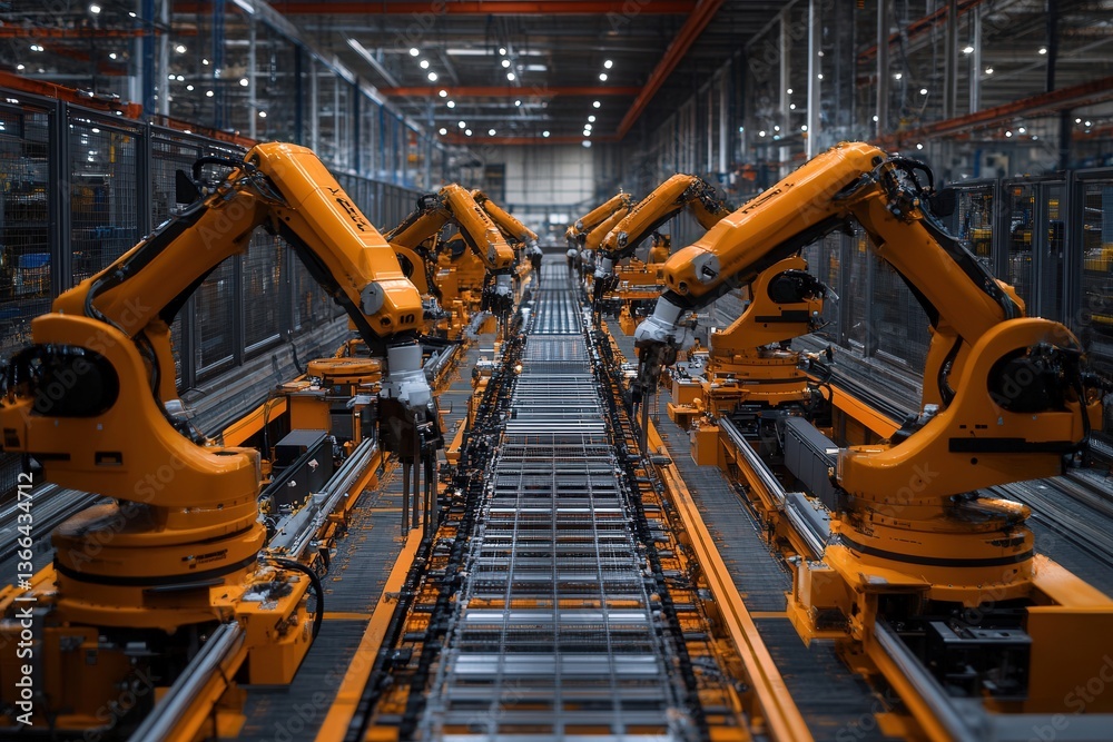 Industrial robotic arms work on an automated assembly line in a modern manufacturing facility. Industrial robotic arms work on an automated assembly line in a modern manufacturing facility.