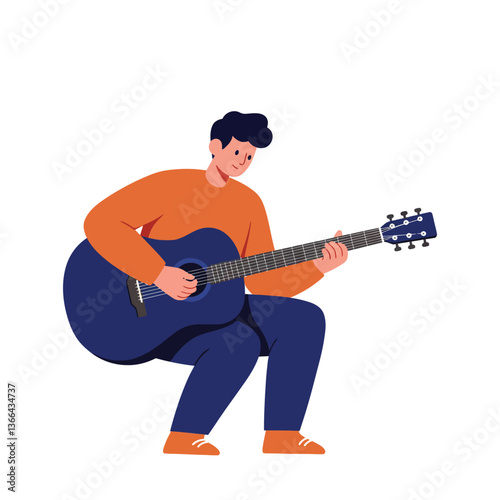 A young man playing an acoustic guitar while squatting in a relaxed pose, using a flat design style in vibrant colors, vector illustration