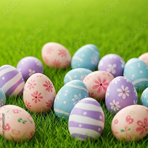 Fresh green grass with pastel Easter eggs adorned with artistic ornaments, scattered naturally. A soft gradient background with free space makes it ideal for seasonal ads and banners. 1:1