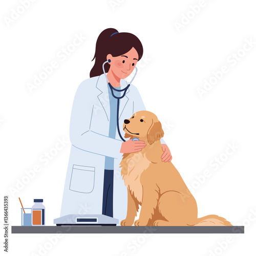 Caring veterinarian in a white coat gently examines a friendly golden retriever dog in a flat vector illustration