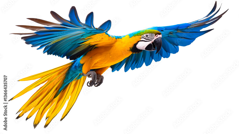 Fototapeta premium Vivid macaw parrot soars, feathers in colorful flight, cut out transparent