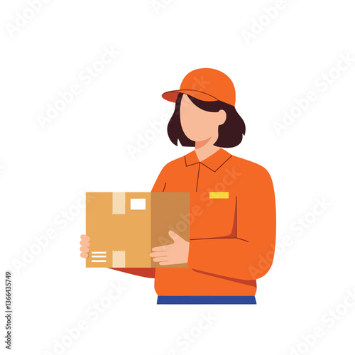 Delivery person holding a package while wearing an orange uniform in a flat vector illustration style showcasing professionalism and reliability in logistics vector art