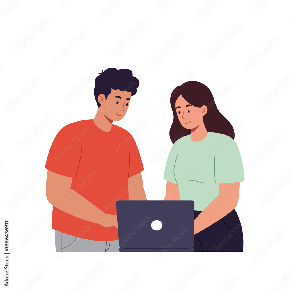 Two young adults collaborating on a laptop with focused expressions in a flat design vector illustration Two young adults collaborating on a laptop with focused expressions in a flat design vector illustration
