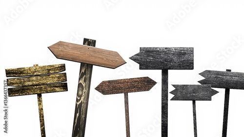 Rustic wooden signs indicate directionality outdoors against clean background offering guidance travel navigation