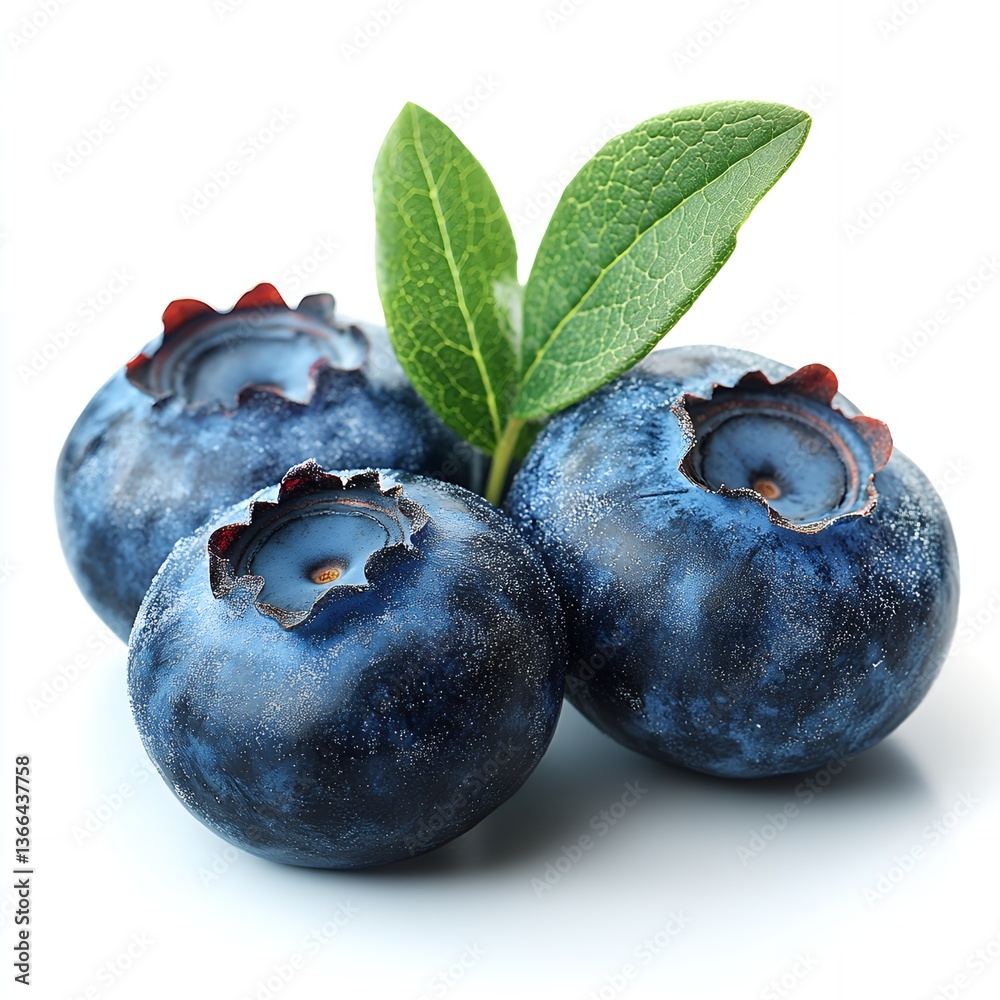Obraz premium Fresh Juicy Blueberries with Green Leaves Close Up Shot for Healthy Food Concept