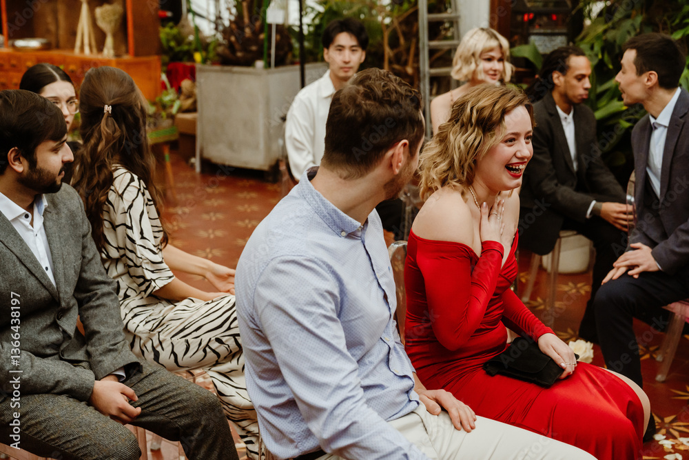 A diverse group of adults sits together at an event, smiling and laughing. One woman in a red gown is sitting with a man in a blue shirt. The group is enjoying a conversation at stylish indoor venue.