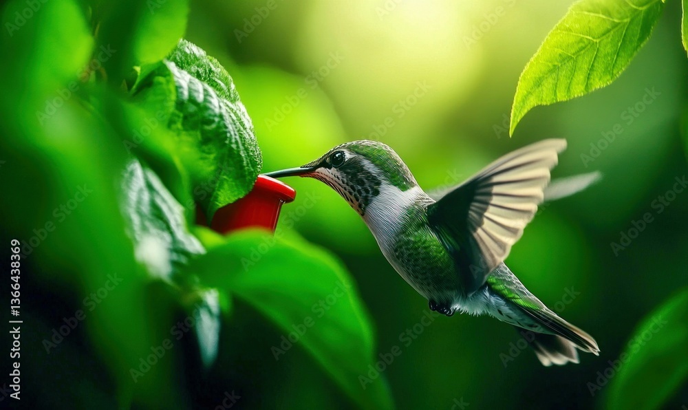Fototapeta premium A vibrant hummingbird drinks nectar from a red feeder nestled among lush green foliage.