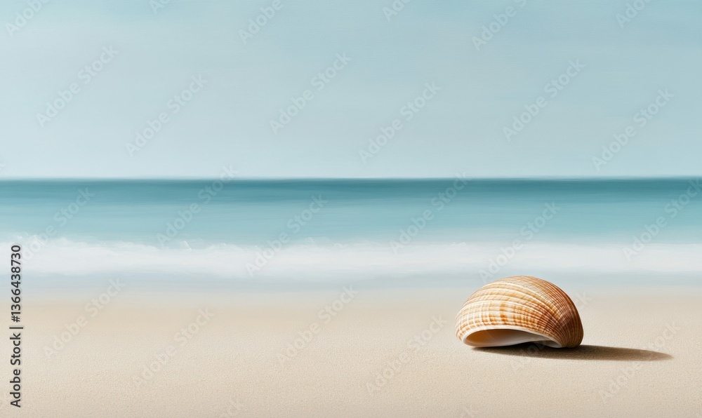Obraz premium A delicate seashell sits peacefully on a sandy beach with the tranquil ocean in the background.