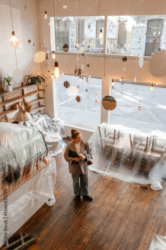 Fototapeta premium A stylish adult woman, a cafe owner, stands in a renovated coffee shop with plastic-covered furniture, holding a cup and laptop. She appears thoughtful, looking around the modern, well-lit space.