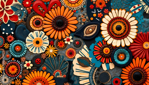Ethnic patchwork: Illustration combining traditional floral patterns from different cultures (such as Indian or African) and unique buttons reflecting ethnic motifs.

