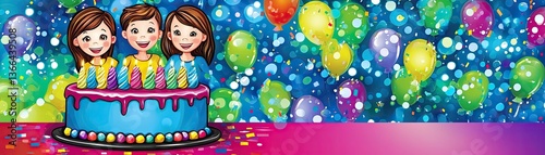 Kids celebrating birthday, cake, balloons, party