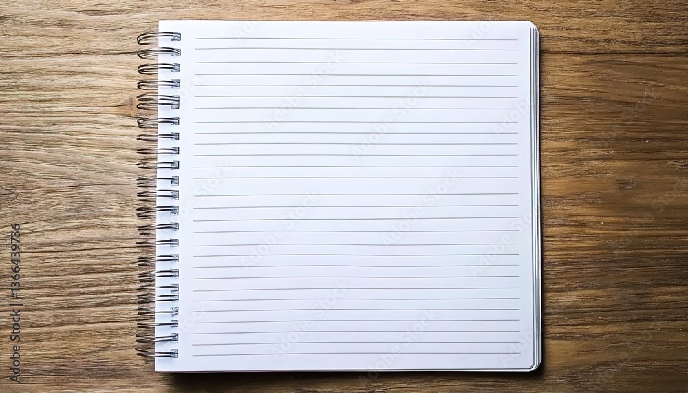 An open spiral notebook with horizontal lines on the paper, placed on a wooden table, a blurred wood grain background An open spiral notebook with horizontal lines on the paper, placed on a wooden table, a blurred wood grain background