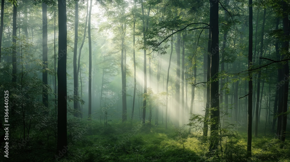 Obraz premium Serene forest with sunlight filtering through tall trees and lush green foliage