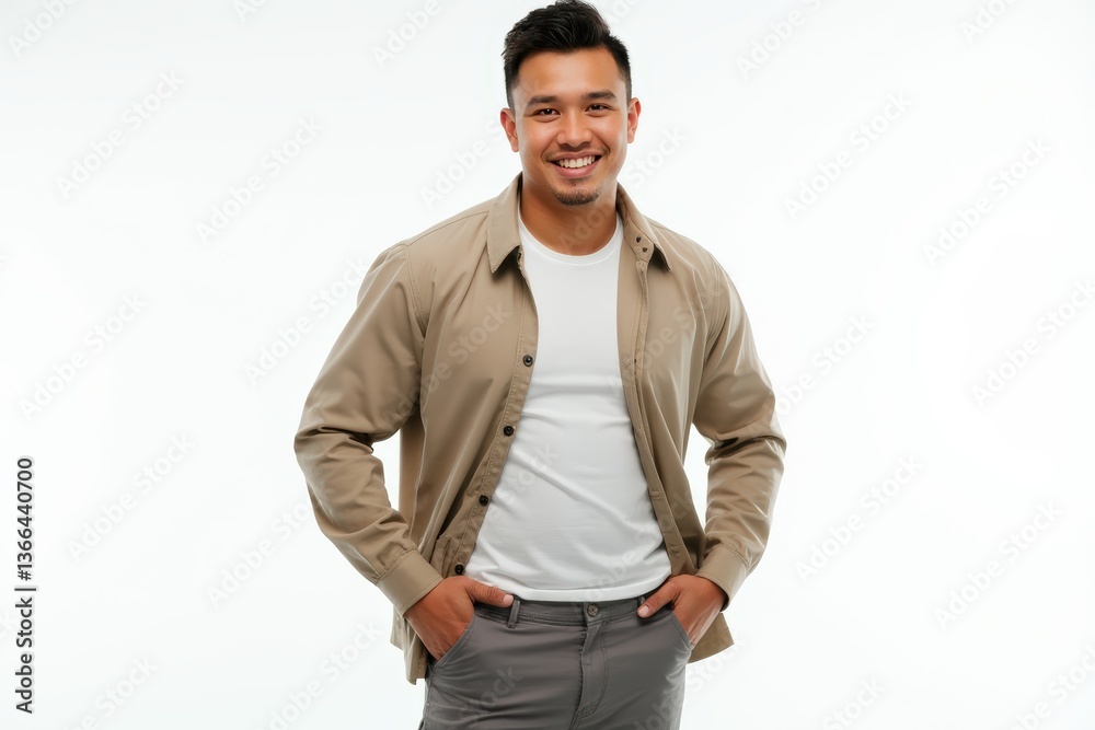 Fototapeta premium Half-Length (Waist-Up) portrait of young stylish smiling Samoan male model in western wear isolated on pure white background looking at camera