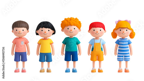 Group of five cute 3D cartoon kids standing side-by-side, cut out transparent