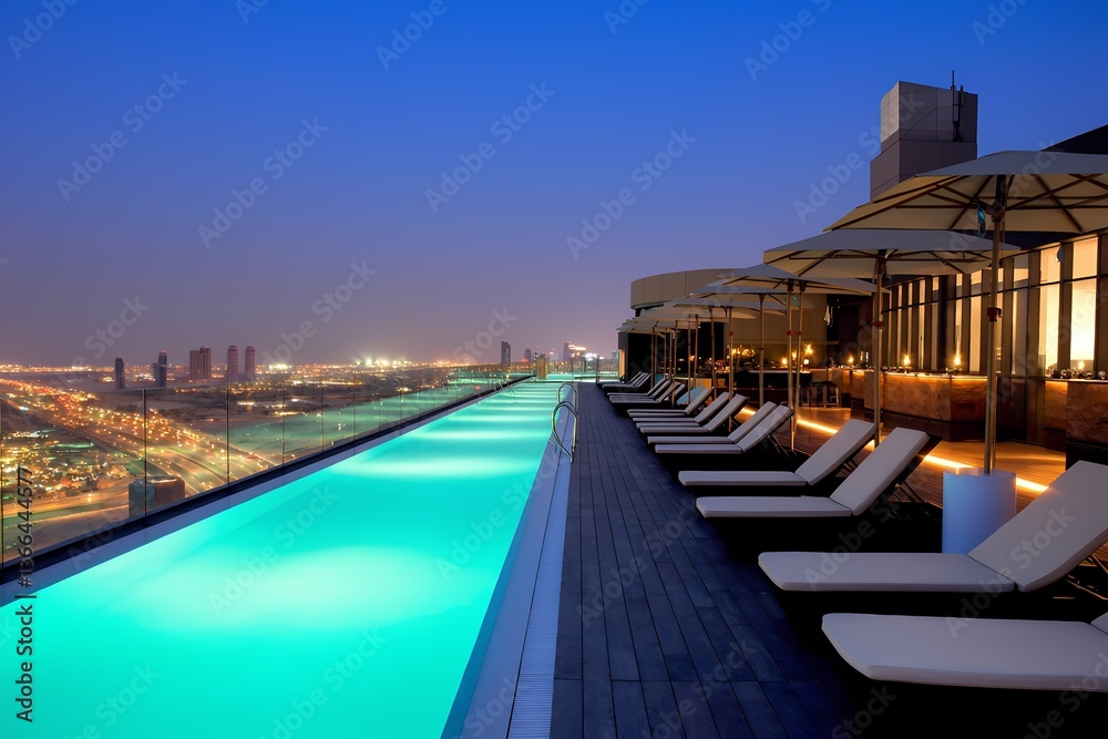 Obraz premium Luxurious rooftop infinity pool with illuminated water at sunset overlooking the city skyline and lounge area