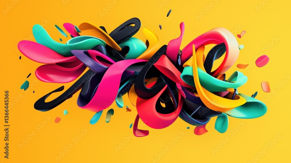 Obraz premium Vibrant abstract composition with swirling ribbons in bold colors on orange background