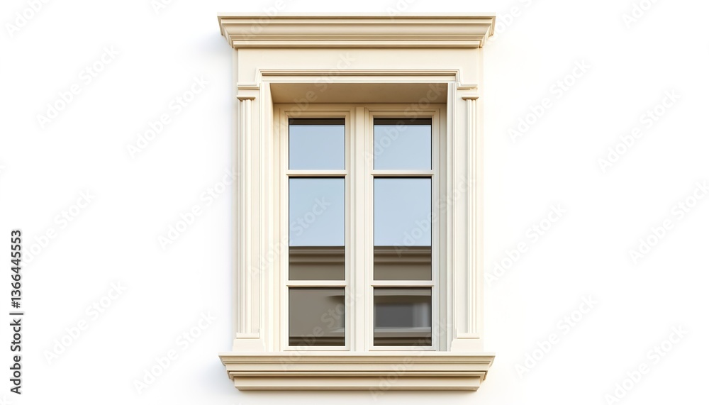 A white-framed window with multiple small panes, installed on a white wall, reflecting blurred tree shadows outside, creating a simple and modern atmosphere A white-framed window with multiple small panes, installed on a white wall, reflecting blurred tree shadows outside, creating a simple and modern atmosphere