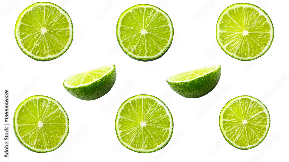 Composition of seven green limes, cut out transparent Composition of seven green limes, cut out transparent