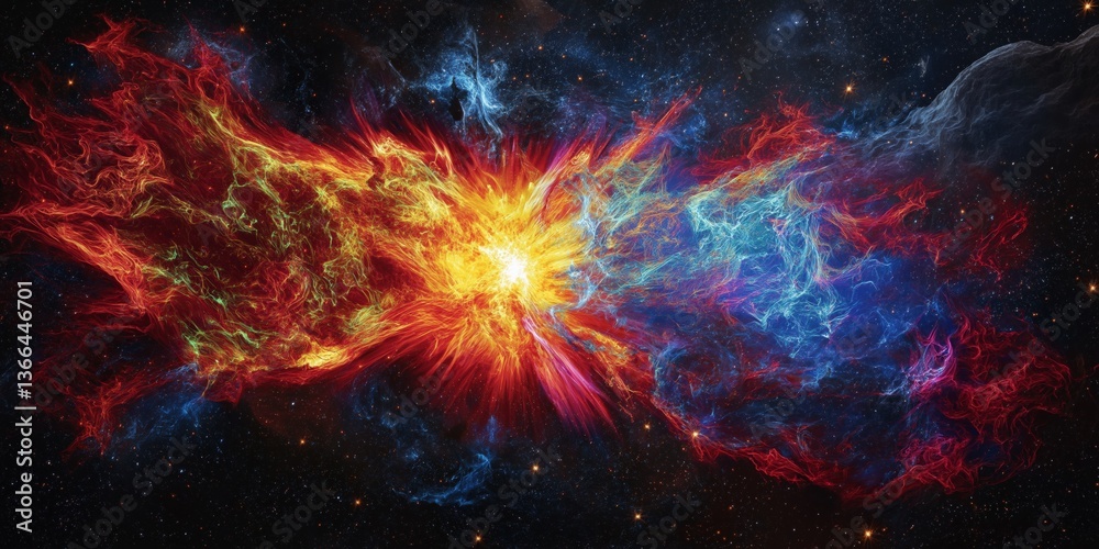 Vibrant cosmic explosion with swirling nebulae and starry background Vibrant cosmic explosion with swirling nebulae and starry background