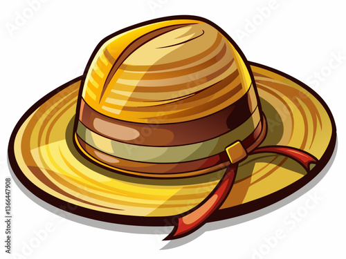vector of A straw hat with a wide brim and a brown ribbon around the crown. The hat is made of woven straw and has a slightly rounded crown.