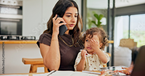 Wallpaper Mural Home, baby and mother with phone call for communication, networking and freelancer with technology. Kitchen, kid and woman with multitasking for remote work, conversation and child care in apartment Torontodigital.ca