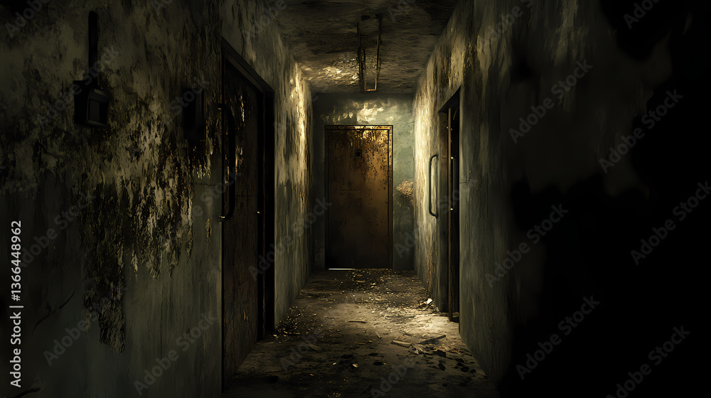 Lonely shadows darkened corners crumbling walls rusty door hinges dimly lit corridors isolation confinement desperation. Echoing Incubation. Illustration