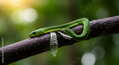 Green snake shedding its skin on a branch, showcasing growth and renewal in nature photo