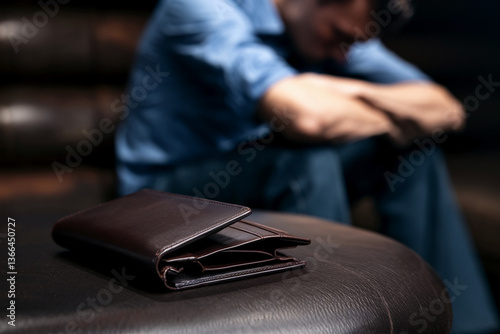 Brown leather wallet on dark surface, out of focus man sitting in background, suggesting financial trouble or stress, conveying feelings of worry and hardship
