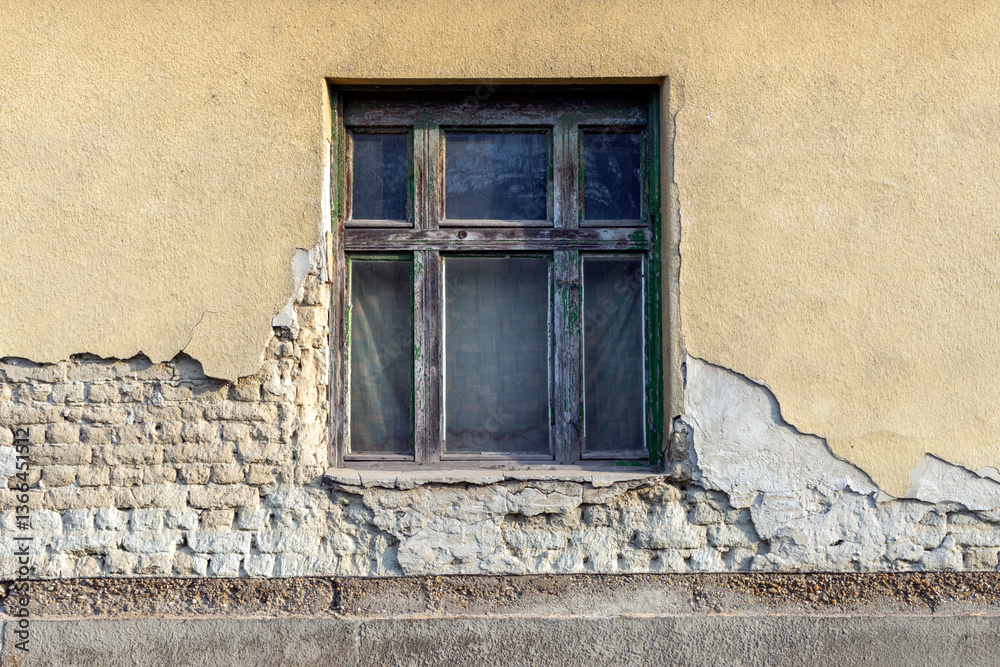 Weathered window on an aging building reflects history and character in a tranquil urban setting Weathered window on an aging building reflects history and character in a tranquil urban setting