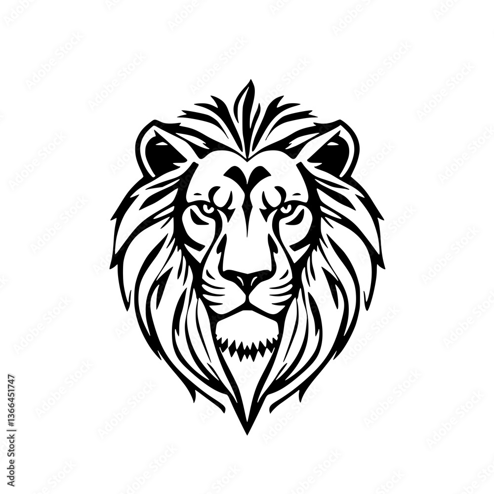 Fototapeta premium Majestic Lion Portrait: A detailed black and white illustration of a lion's head, exuding power and regal bearing. The lion's intense gaze captures a sense of dominance and nobility.