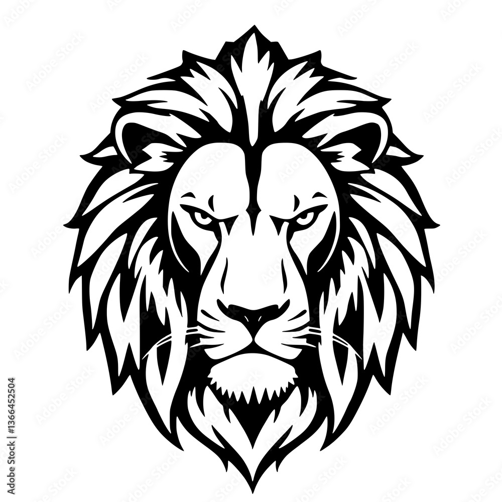 Obraz premium Majestic Lion's Portrait: A bold, monochrome illustration of a lion's head, exuding power and regal bearing with intricate detail