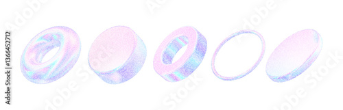 Circle pearlescent 3d texture shapes. Geometric holographic figures tube, torus, disk, cylinder,ring, platform with noise hologram gradient dots. Grain pink blue gradation effect. Vector illustration