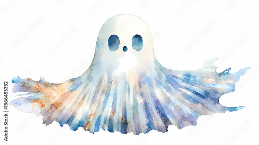 Friendly ghost with seashell watercolor on white background coastal happy halloween character calming serene magical artwork. Phantom Carapace. Illustration Friendly ghost with seashell watercolor on white background coastal happy halloween character calming serene magical artwork. Phantom Carapace. Illustration