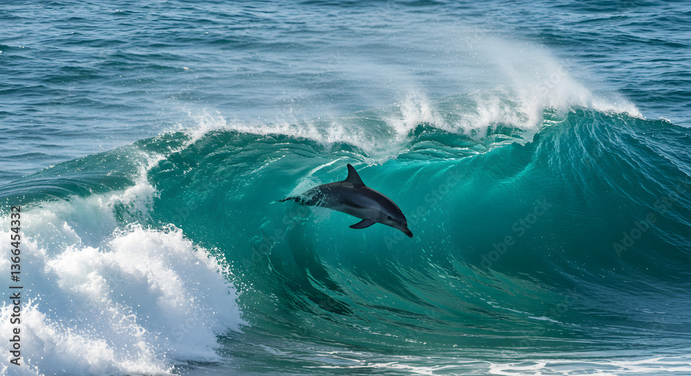 Naklejka premium A Dusky Dolphin's Dance: Graceful mammal soaring through a powerful ocean wave
