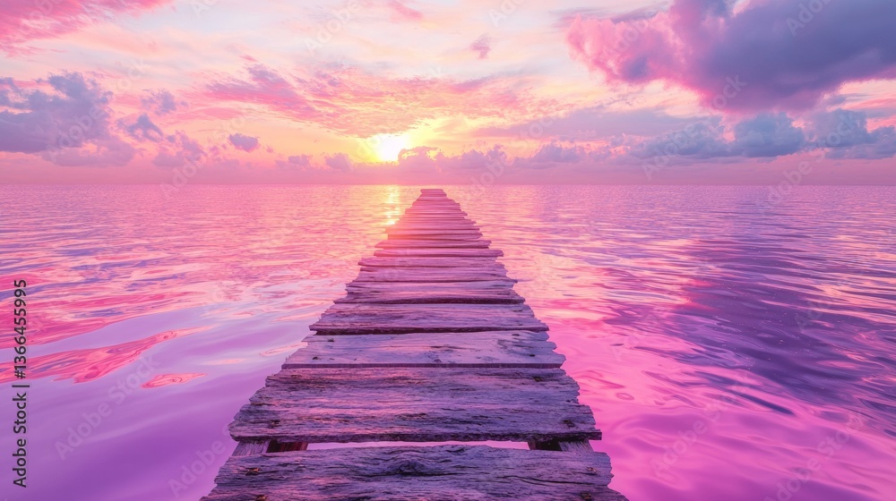 Naklejka premium plank road IN THE MIDDLE OF THE SEA at a neon sunset